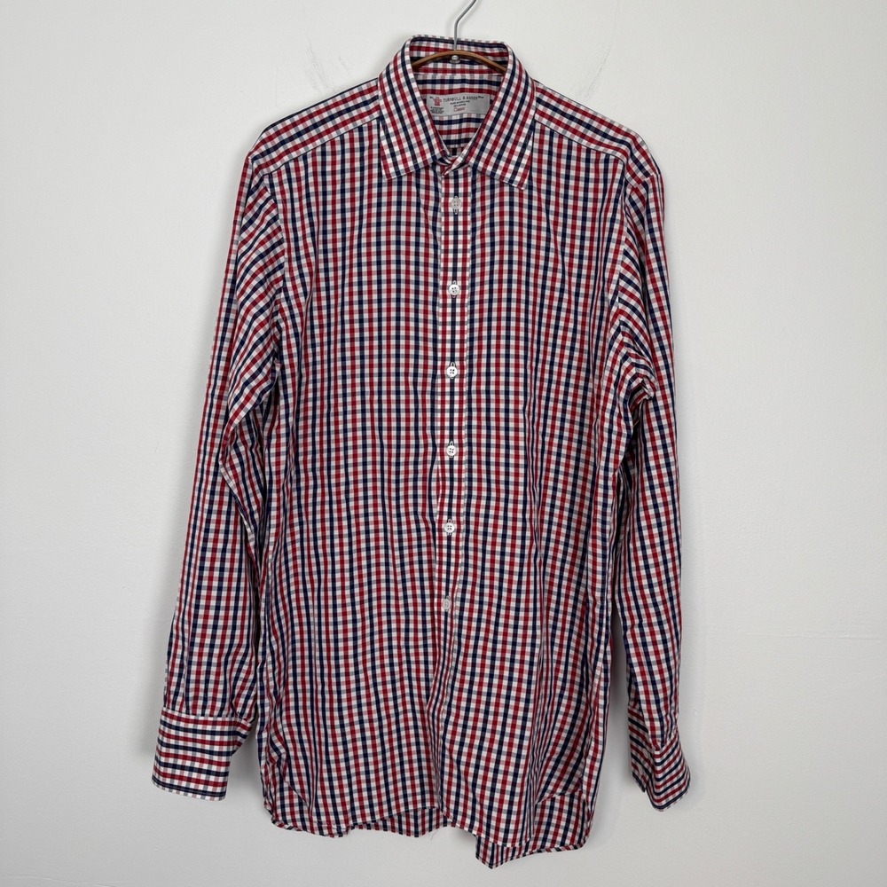 Turnbull & Asser Mens Classic Fit Gingham Shirt Red White Blue Cotton 15.5 39cm